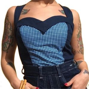 $150 Italian Bustier Small Blue Cup A / B Handcrafted Halter Top Gingham 1950s